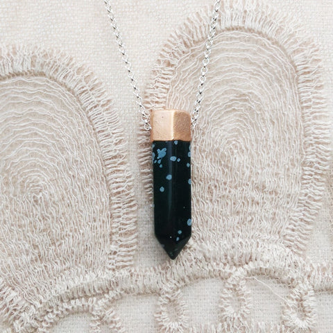 Snow Flake Obsidian & Copper Point Necklace